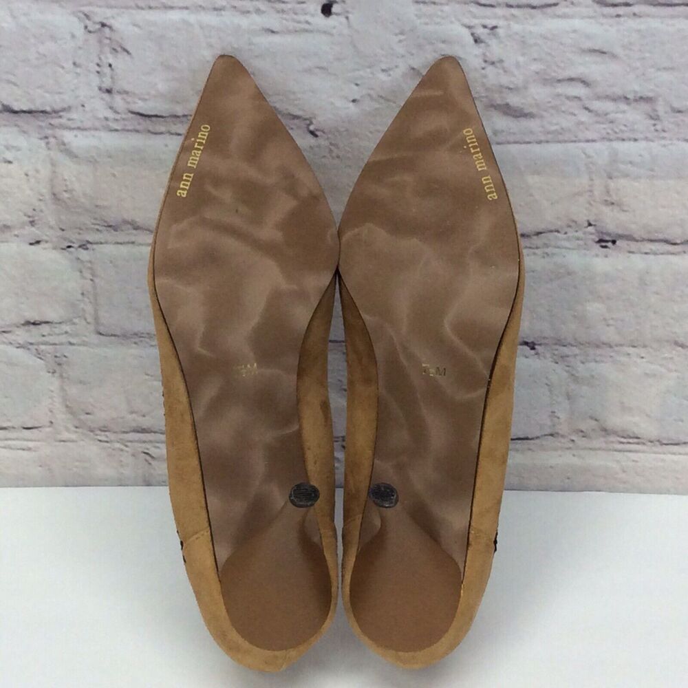 Ann Marino Leather Suede Pump Shoes Womens Size 7.5 Tan/Black Crochet Trim Heels - Picture 8 of 12